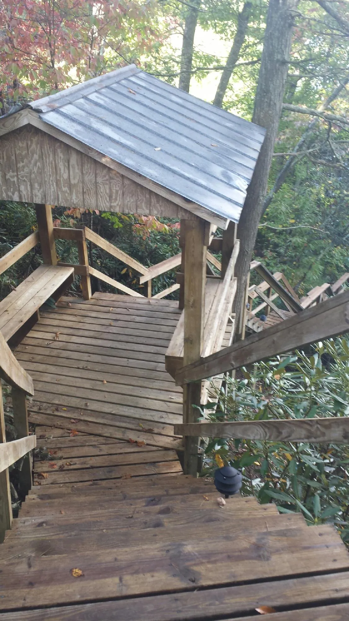 Metal roofed shelter over wooden steps on a wooded walkway — Skylight Repair & Installation work by our crew in Delaware City
